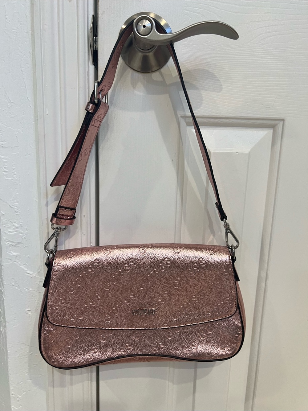 GUESS Metallic Rose Gold Embossed Logo Crossbody Bag